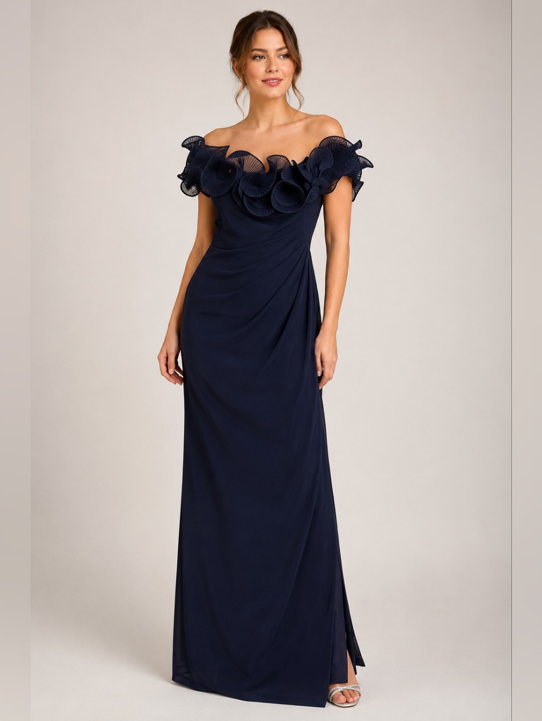 Xscape Dress Navy Strapless Ruffle Evening Gown Size 12